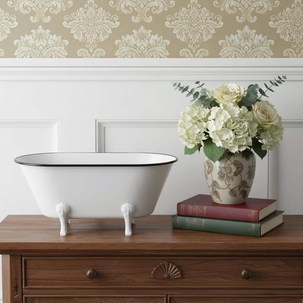 HomeRoots 9" White White And Black Metal Hand Painted Decorative Tub - 20.00 in. x 9.00 in. x 11.00 in.