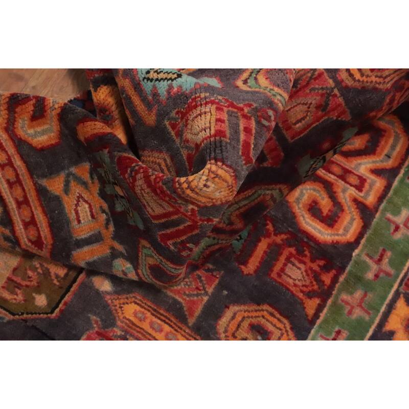 Hand Knotted Oriental 100% Wool Carpet Traditional Geometric Navy Blue & Blues Ardebil Runner Rug - 8' 9'' X 3' 9''