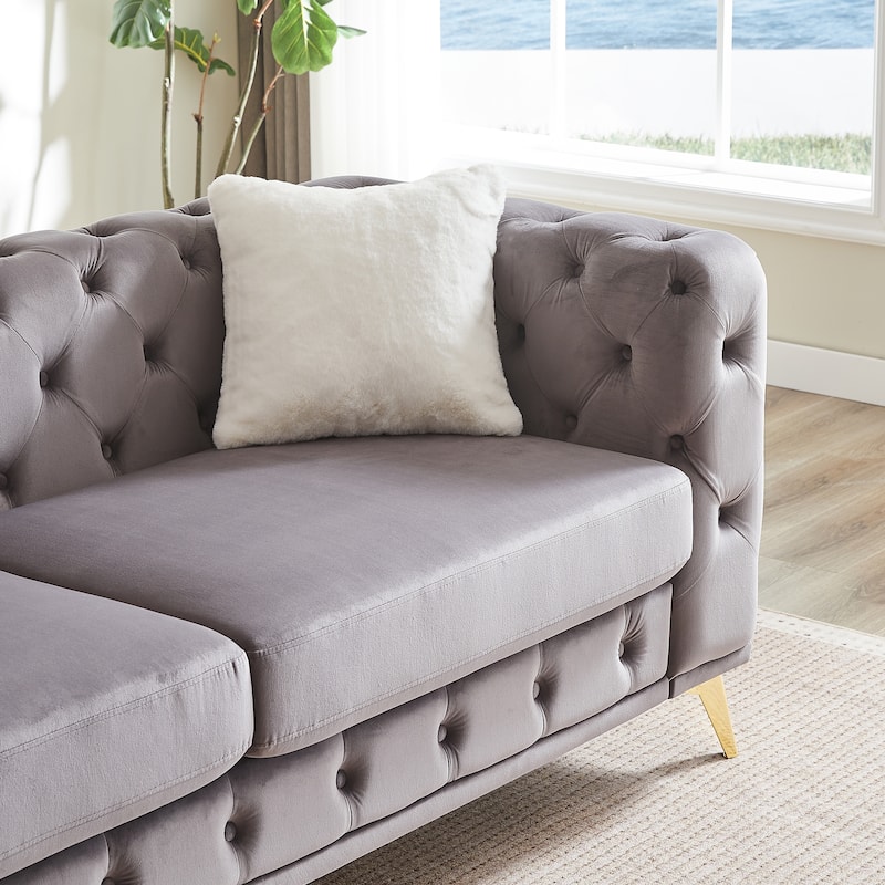 Tufted Design Straight Row Couch Velvet Chesterfield Deep Seat Sofa, Upholstered Couch with Solid Wood Frame and Gold Metal Legs