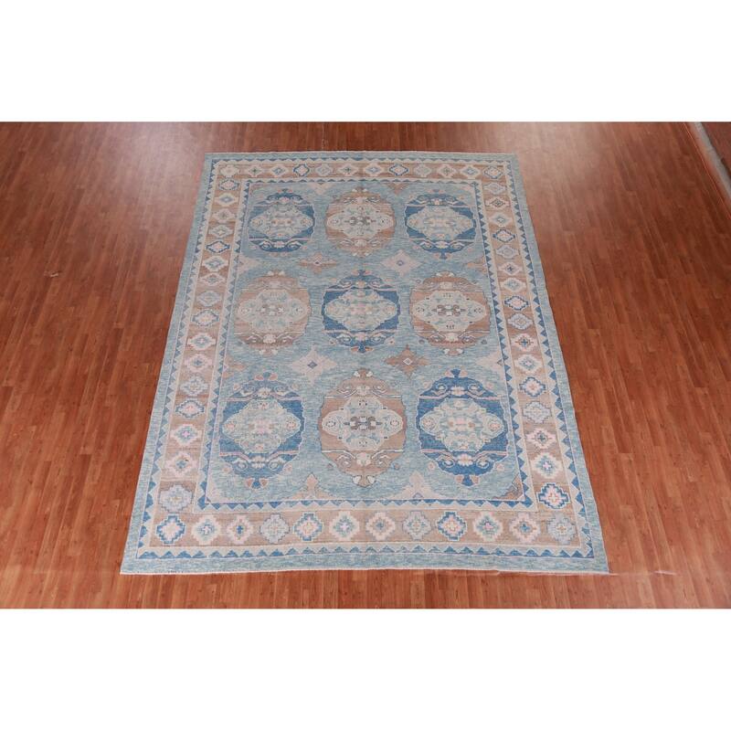 Hand Knotted Oriental 100% Wool Carpet Transitional Geometric Navy Blue & Blues Oushak Area Rug - 12' 1'' X 9' 5''
