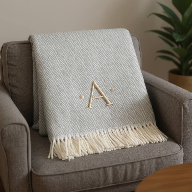 55" X 70" Gray And White Herringbone Cotton Blend A Initial Throw Blanket with Tassels And Embroidery - A