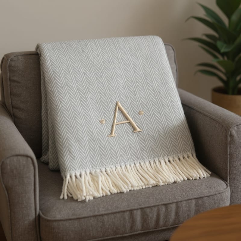 HomeRoots 55" X 70" Gray And White Herringbone Cotton Blend A Initial Throw Blanket with Tassels And Embroidery - Throw - Gray/White