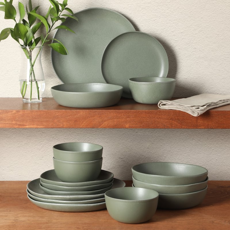 Gibson Elite Menlo Park 16-Piece Pottery Clay Stoneware Dinnerware Set - Reactive Glaze, Embossed, Service for 4