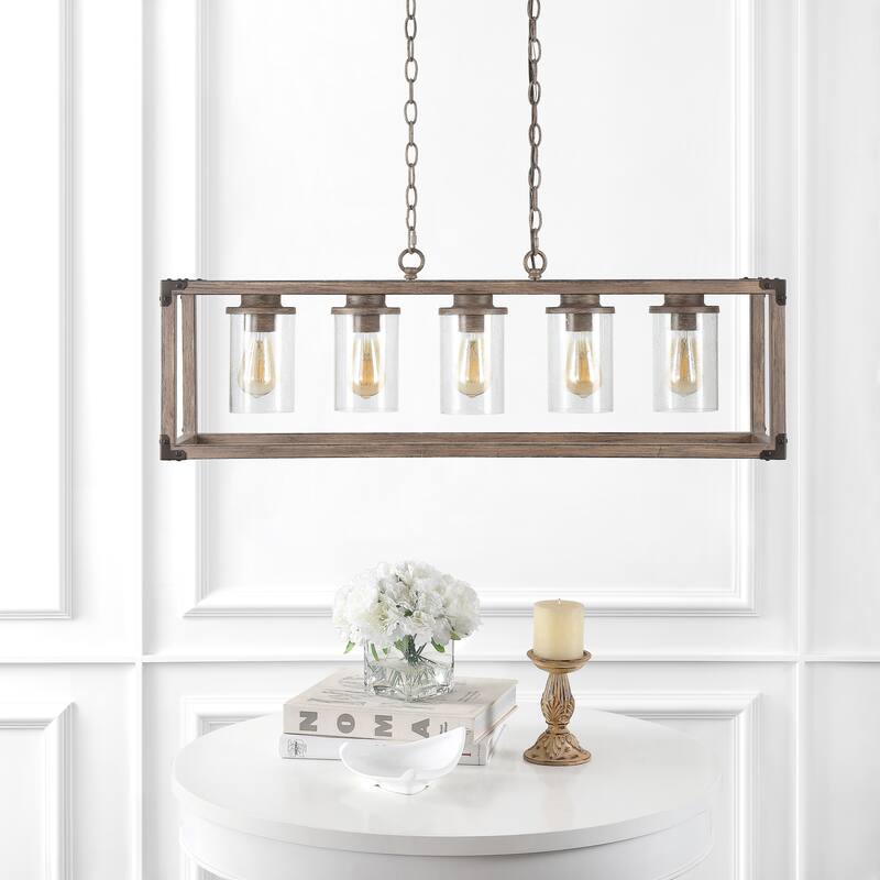 Darlene 36" 5-Light Linear Adjustable Iron/Seeded Glass Rustic Farmhouse LED Pendant, Brown by JONATHAN Y