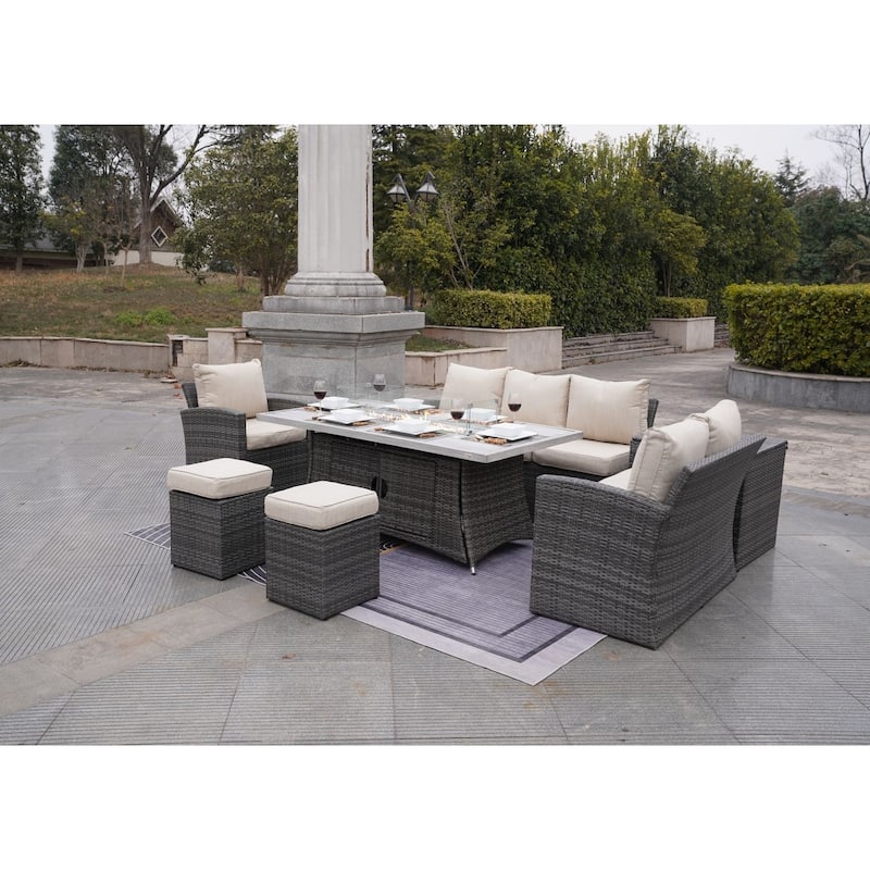 7-Piece Outdoor Sofa with Aluminium table top Fire Pit Set