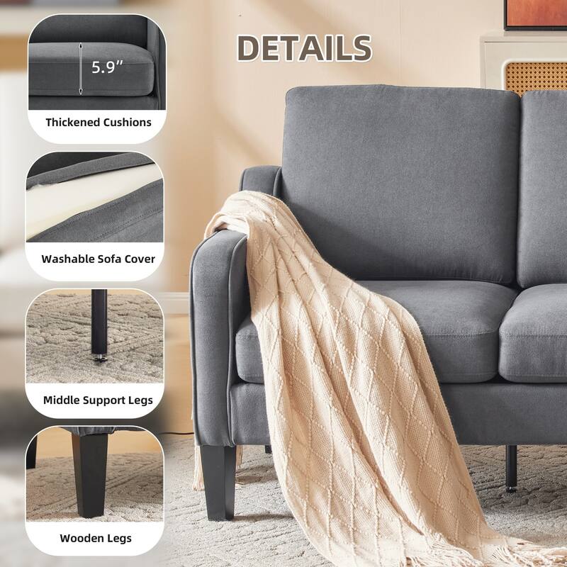 EROMMY Modern 3-Seater Fabric Sofa Couch, Ergonomic Living Room Couch with Washable Cushions and Solid Wood Legs, Gray or Beige