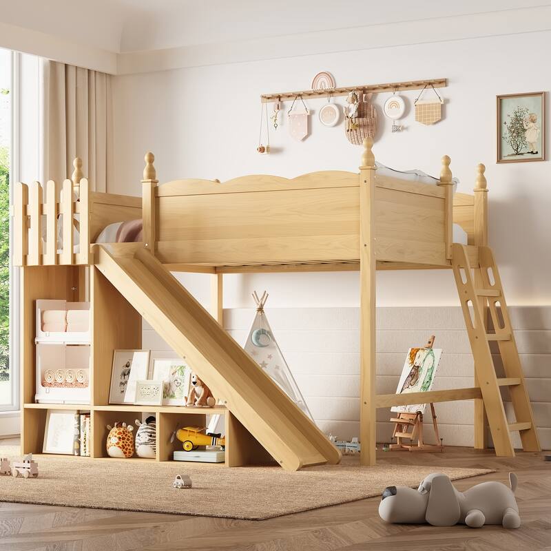 Modern High Loft Beds with Full Length Guardrails, Solid Wood Storage Loft Bed Frame with Detachable Slide and Ladders