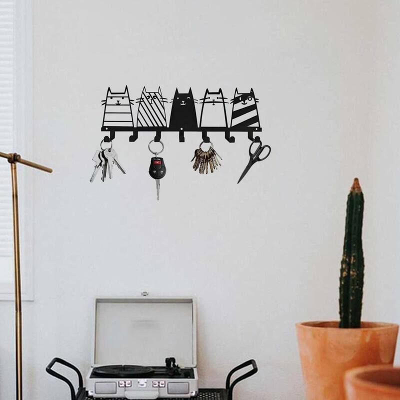 Cute Cat Wall Hooks 7-Hook Key Rack Coat Rack Modern Decor - 13.74" x 4.37"