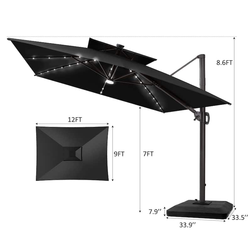 12 x 9 FT Outdoor Patio Aluminum Cantilever Umbrella with Solar Lights Double Canopy with Base