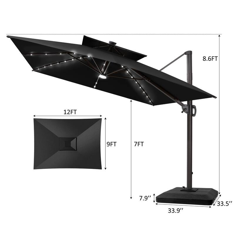 12 x 9 FT Outdoor Patio Cantilever Umbrella with Solar Lights Double Canopy 360 Rotation Tilt with Base