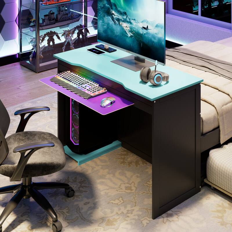 Wood Daybed with Trundle & Built-in Desk, LED Lights & USB Charging Port, Available in Full or Twin