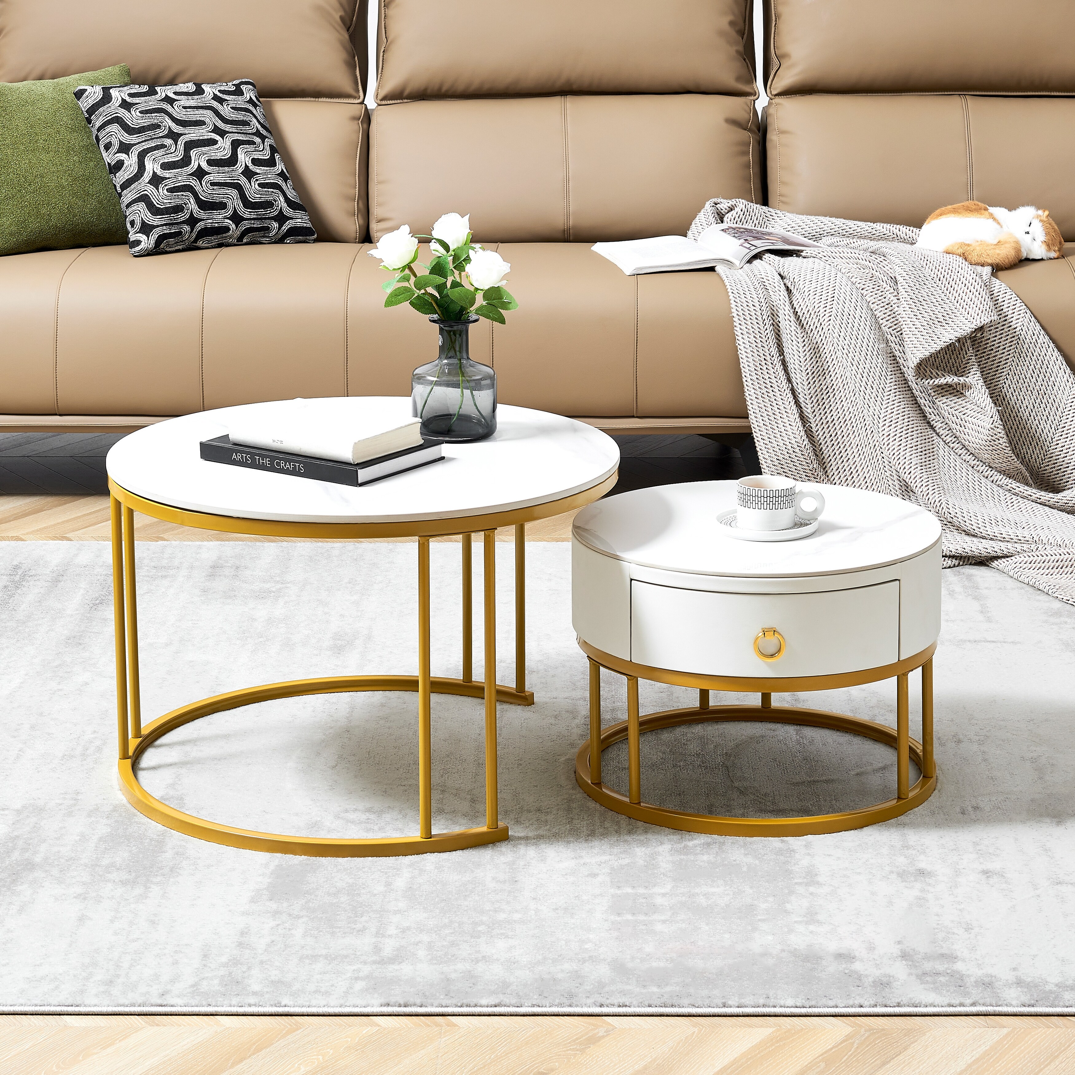 Two Piece Round Coffee Table Lamp Table Corner Table Stylish Decorative Table with Drawers for Bedroom Living Room Bed Bath Beyond 41170131