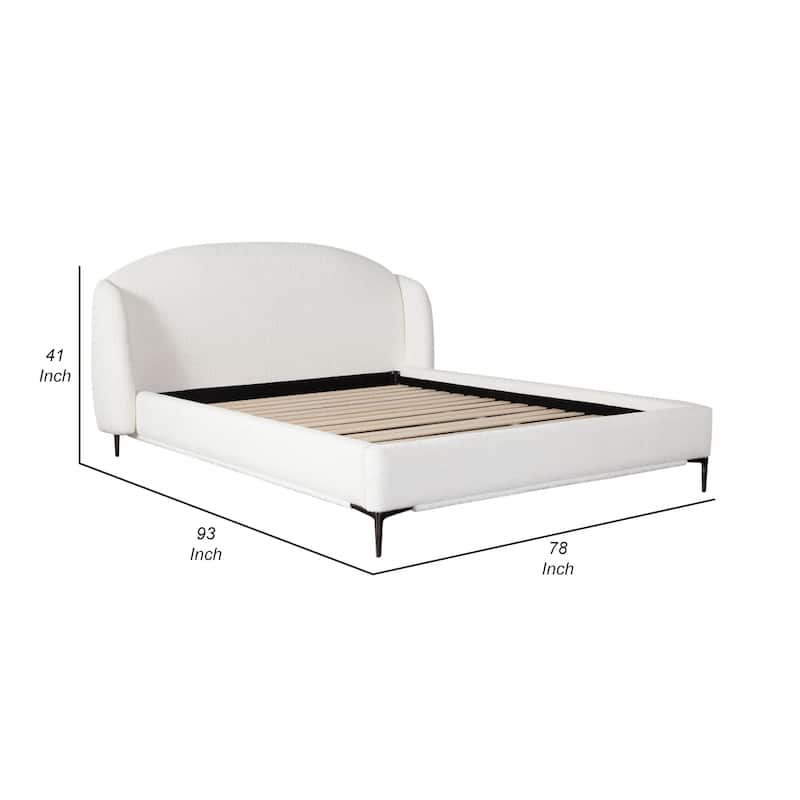Peli Queen Size Bed, Low Profile Curved Back Ivory Faux Shearling Upholstery