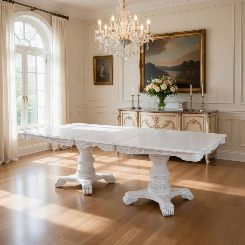 Zenie Dining Table, Extension Leaf, 77-95 Inch, Classic White Solid Wood