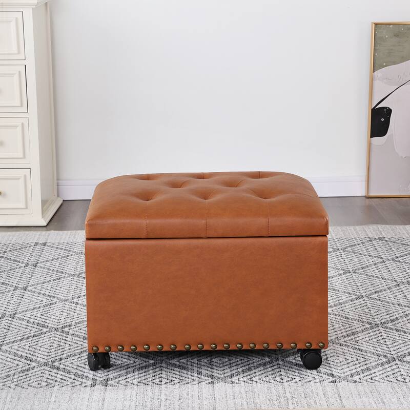 Adeco High End, Classy, Tufted Storage Bench, Ottoman Footstool - Dark-Orange-Faux-Leather-with-Casters