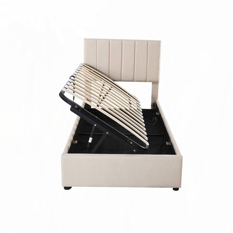 Twin Size Upholstered Platform Bed with a Hydraulic Storage System,Beige