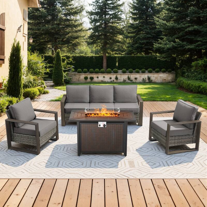 Meyreso Wicker Patio Conversation Set with Metal Fire Pit Table & Olefin Cushions