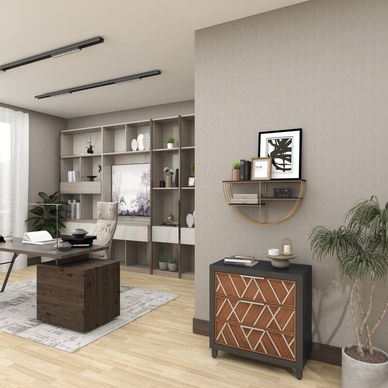 Gold Wooden 3 Shelves Wall Shelf with Half Moon Shape