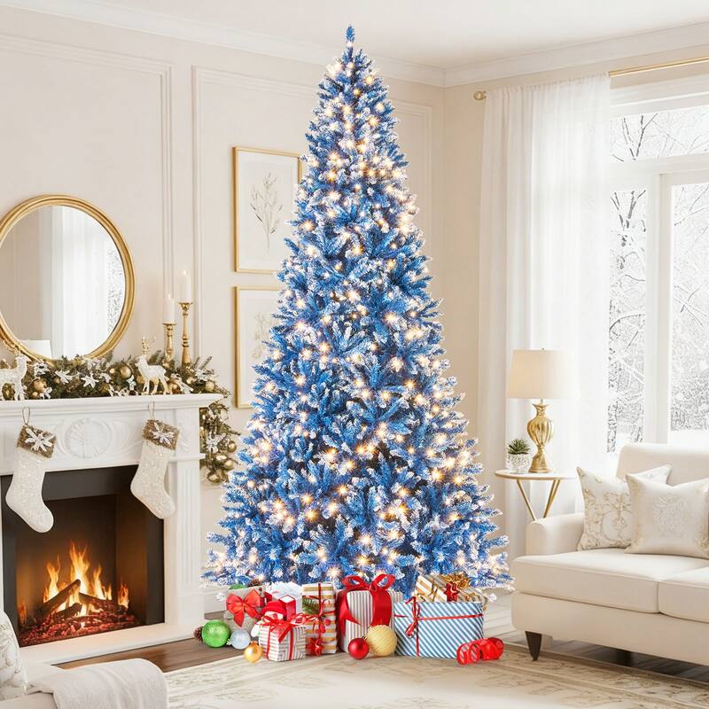 Gymax Pre-Lit Artificial Christmas Tree Blue Hinged Xmas Tree w/