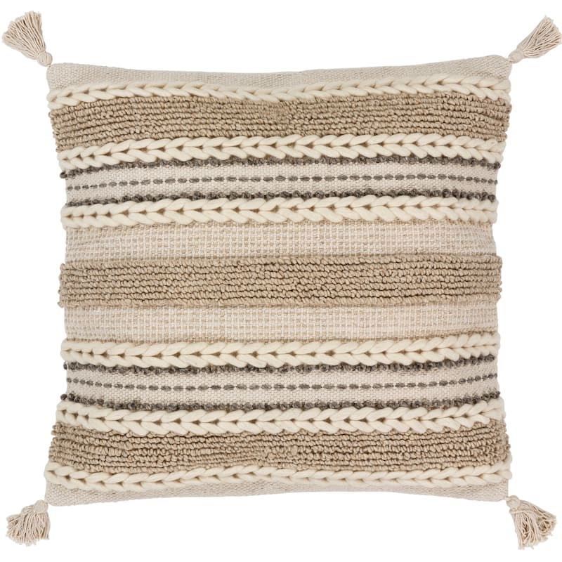 Goa Taupe Bohemian Tassel Wool Throw Pillow Cover (20" x 20")