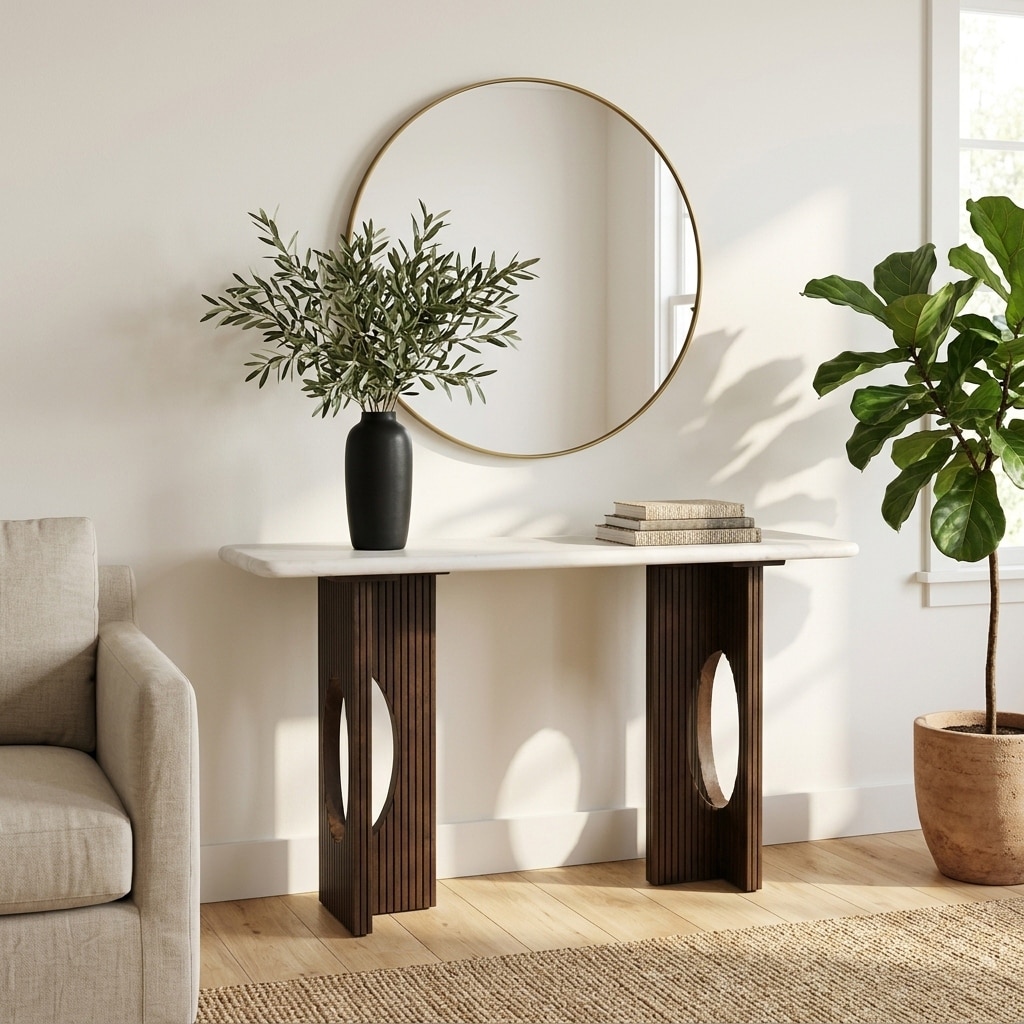Fluted Rectangular Wood and Stone Console Table - 52", White & Brown - 52.0"