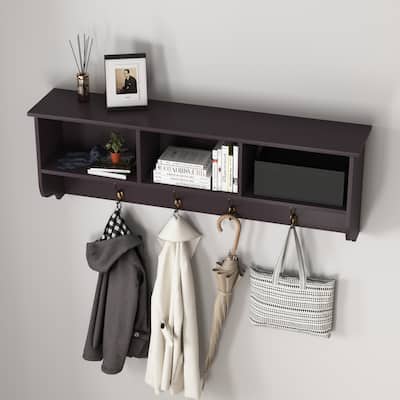 Espresso Entryway Wall Mounted Coat Rack, Wooden Storage Shelf