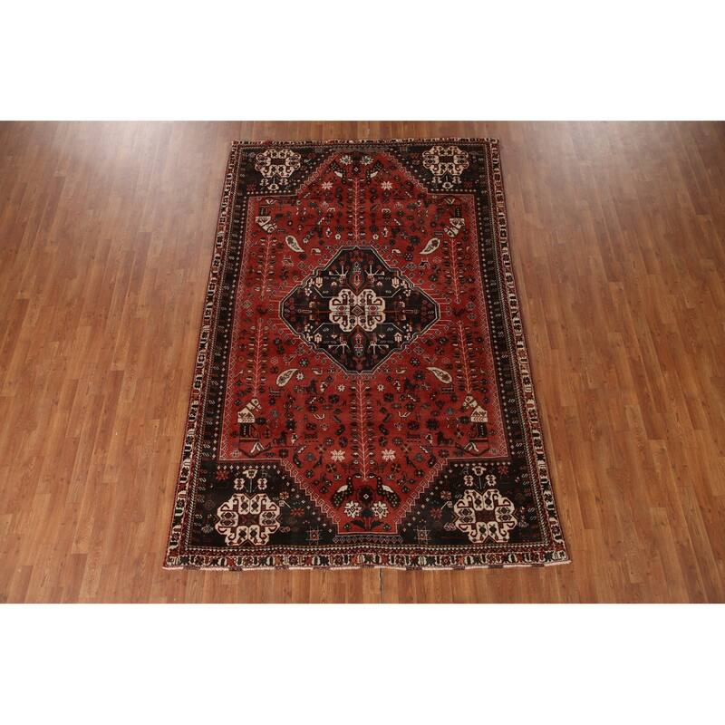 Vegetable Dye Handmade Shiraz Persian Vintage Rug Orange Wool Carpet - 6'2"x 9'4"