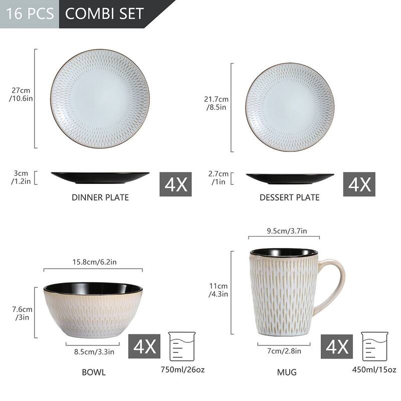 vancasso Embossed Stoneware 16-Piece Dinnerware Set, Service for 4