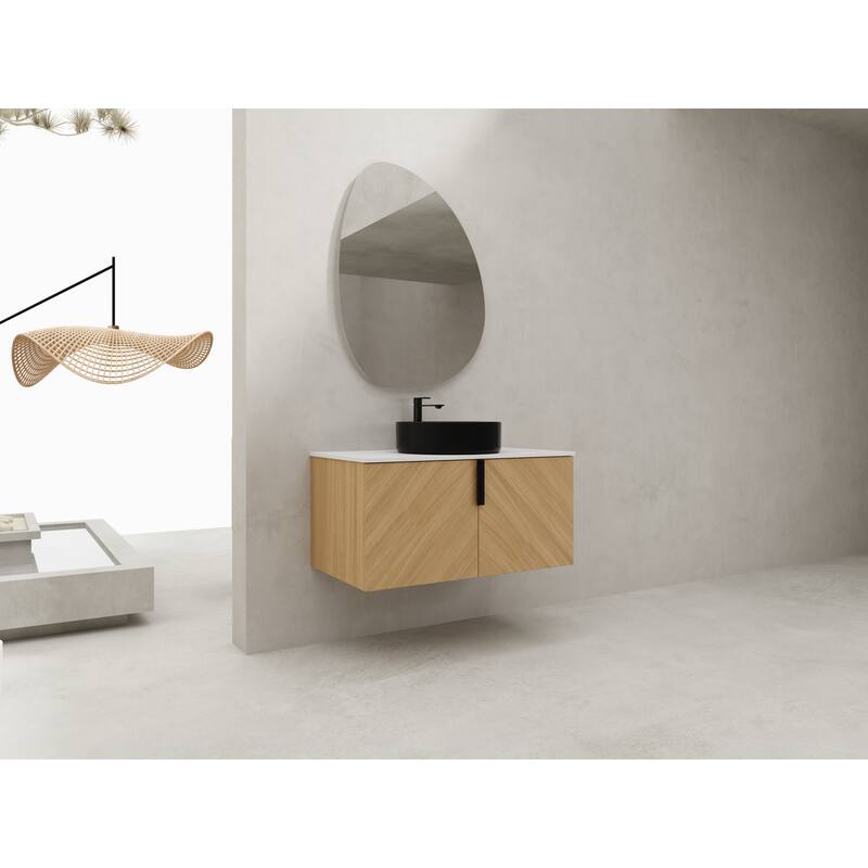 36" Wall-Mounted Bathroom Vanity With Ceramic Art Sink, and Storage Shelves, Soft-Close Door, KD-Packing, Plywood