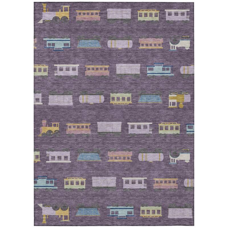 Machine Washable Indoor/ Outdoor Modern Train Chantille Rug