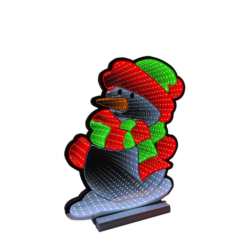 3D LED Lighted Snowman Christmas Infinity Mirror on Wooden Base - 16"