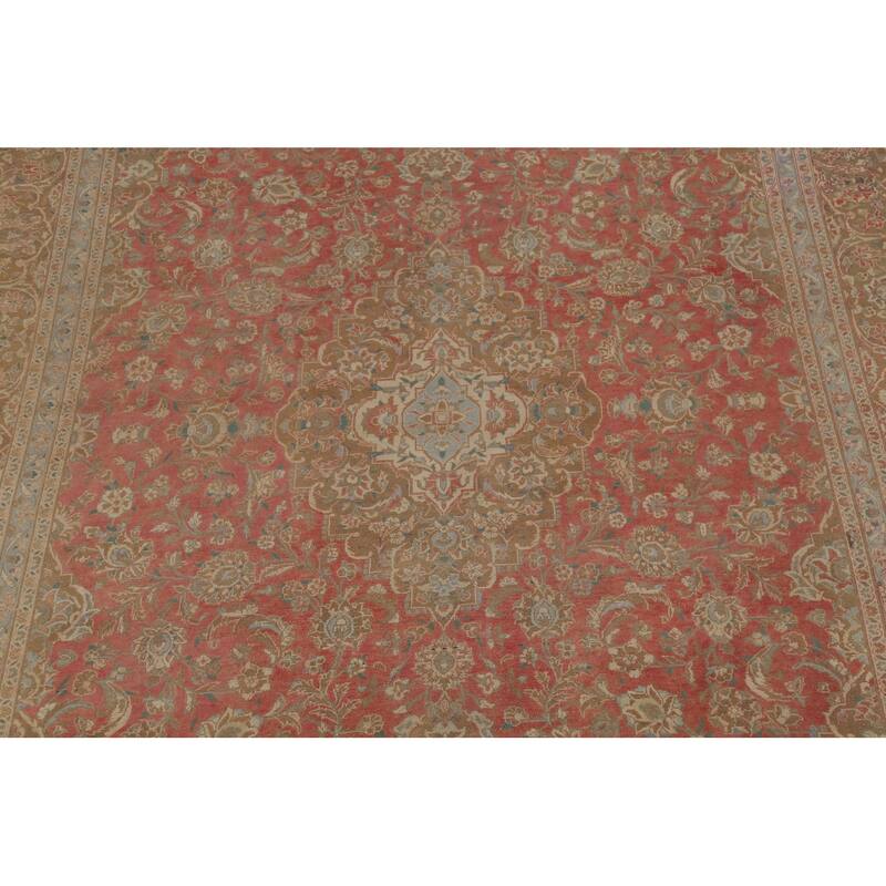 Distressed Mashad Persian Vintage Rug Hand-Knotted Floral Wool Carpet - 8'10"x 13'10"
