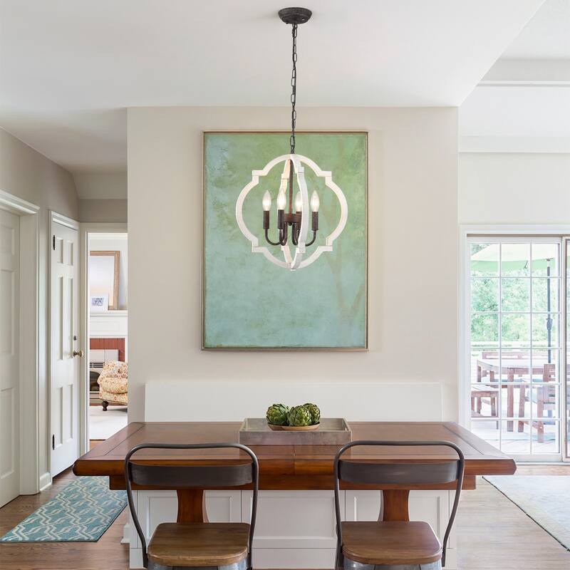 4-Light W16.34" x H78.74" Wooden Lantern Rustic Chandeliers for Dining Room