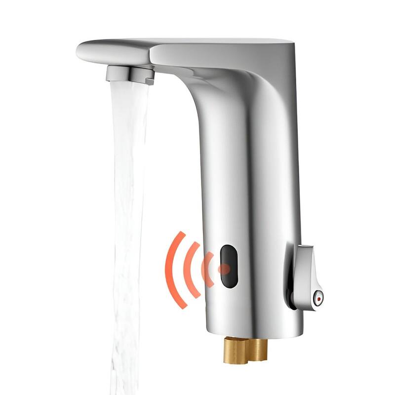 Silver Brushed Nickel Brass Touchless Bathroom Sink Faucet with Infrared Sensor and Temperature Control - 6.3 x 2.1 x 6.5 in
