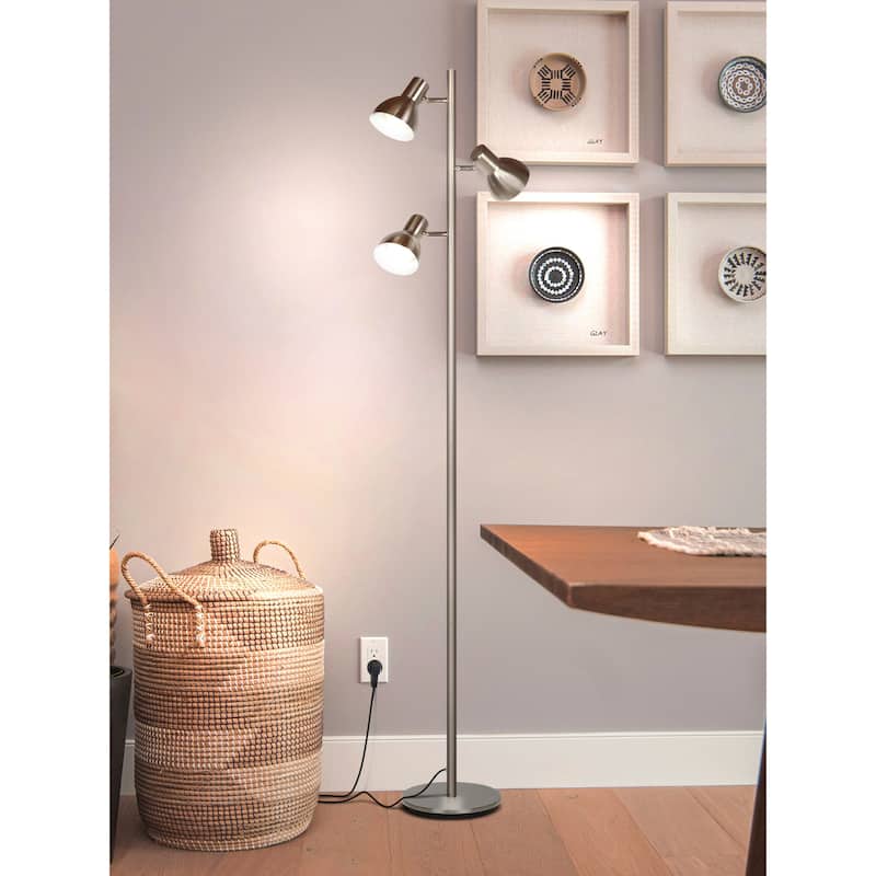Brightech Ethan 65.5 in. Brushed Nickel Mid-Century Modern 3-Light 3-Way Dimming LED Floor Lamp with 3 Nickel Metal Cone Shades