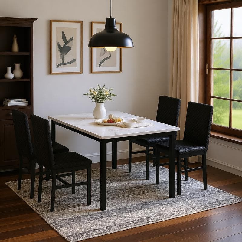 Grondin 5-Piece Dining Room Table Set with Faux Marble Table Top and Diamond Stitching Velvet Upholstery Dining Chairs