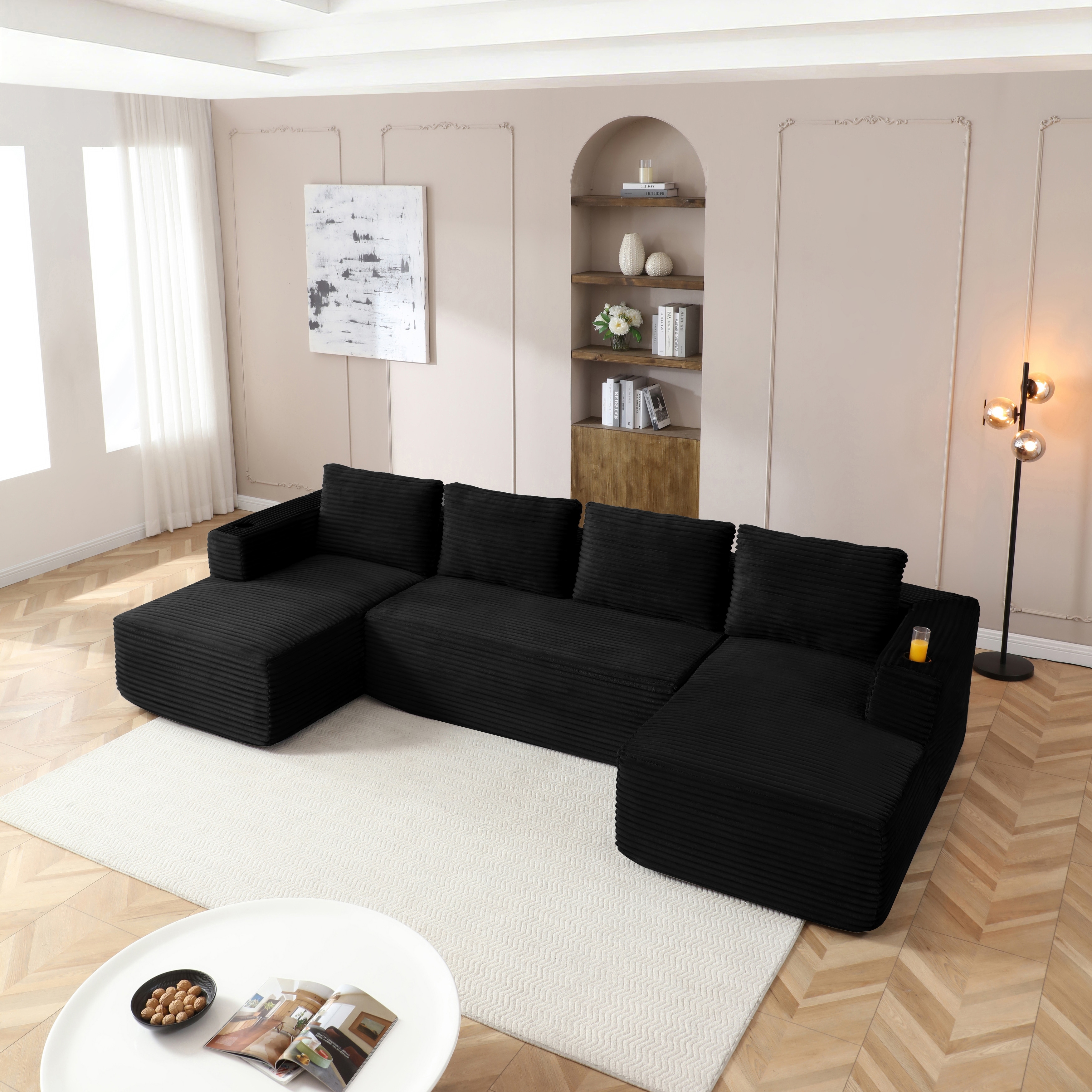 132" Oversized Lazy Cloud Boneless Sofa Couch with Chaise and 2 Cupholders