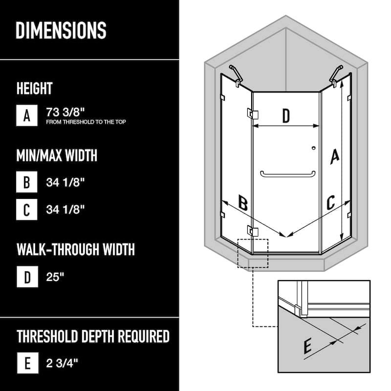 VIGO Piedmont 34"D x 34"W x 73"H Frameless Hinged Neo-Angle Shower Enclosure