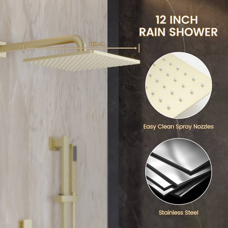 Thermostatic 3-Spray 12 in. Wall Mount Fixed and Handheld Dual Shower Head 2.5 GPM with 6-Body Jets and Adjustable Slide Bar