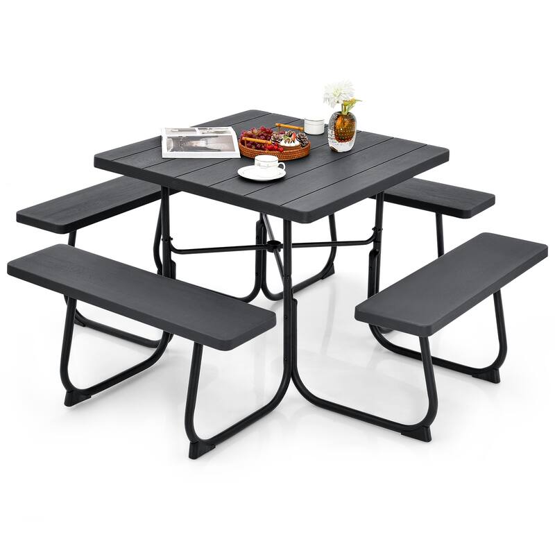 Gymax Outdoor Picnic Table 8-person Square Picnic Table Bench Set w/ 4 - Black