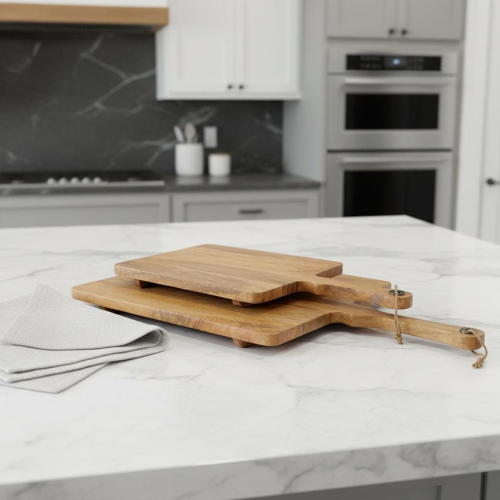 HomeRoots Set of Two Natural Solid Wood Handmade Serve Boards With Handles - 17.25 in. x 1.75 in. x 29.25 in.