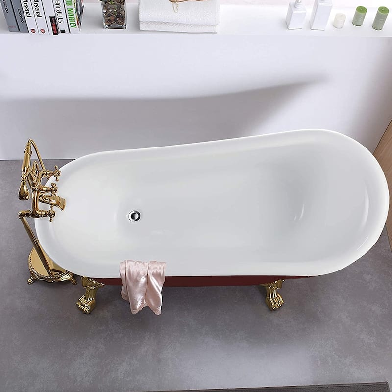 Vanity Art 66.9 Inch Freestanding Red Acrylic Bathtub Modern Stand Alone Soaking Tub with Antique Gold & Pop-up Drain