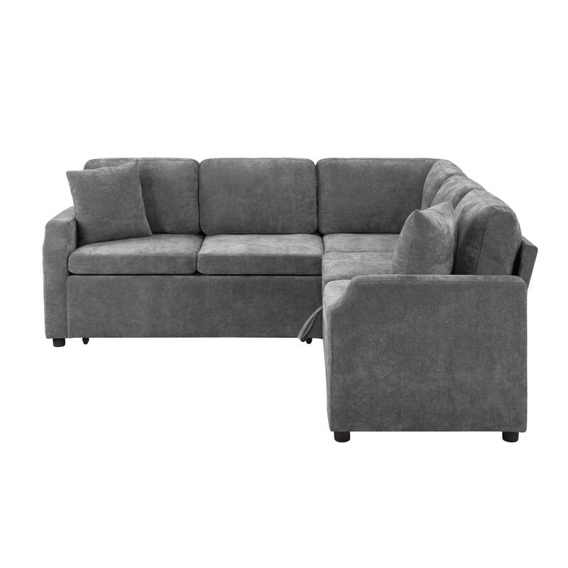L-Shaped Sectional Sofa Bed, Chenille Upholstered Sleeper Sofa with Hidden Storage Compartment, 4 Seater Corner Sectional Sofa