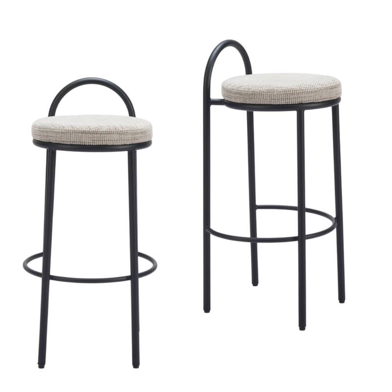 HomeRoots Set of Two 30" Beige and Black Chenille and Steel Low Back Bar Height Bar Chairs