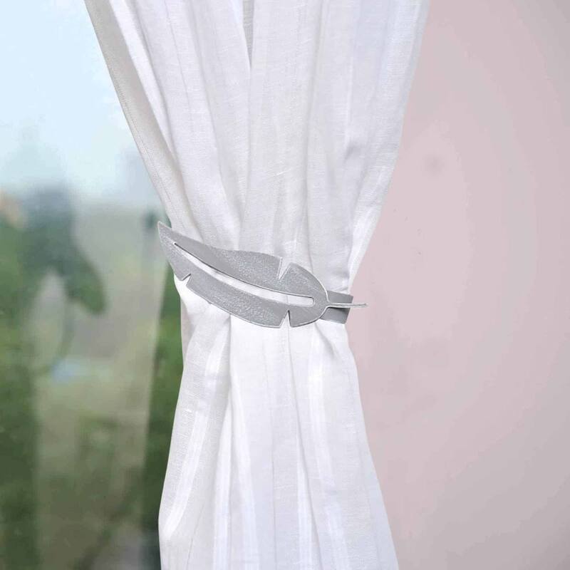 Set of 2 Metal Feather Tieback With Magnet Plume Shiny - 6.8"L x 2"W x 1"D - Gray