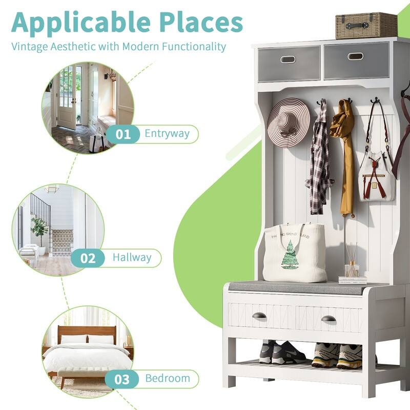 3-in-1 Design Hall Tree with 6 Hooks and Hinged Lid，Entryway Bench with Coat Hanger