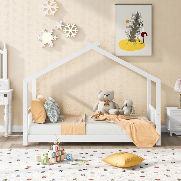 slide 2 of 10, Twin Size House Bed with Roof Design, Pine Wood Frame, Easy Assembly, White