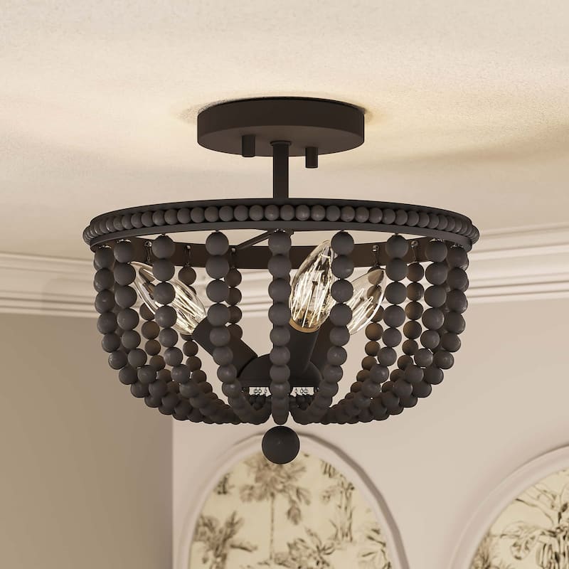 Cauhu 3-light Farmhouse Coastal Wood Beaded Semi Flush Mount Ceiling Lights -UL - Aged Zinc