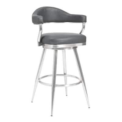 Knw 26 Inch Swivel Counter Stool Chair, Vintage Gray Faux Leather, Chrome