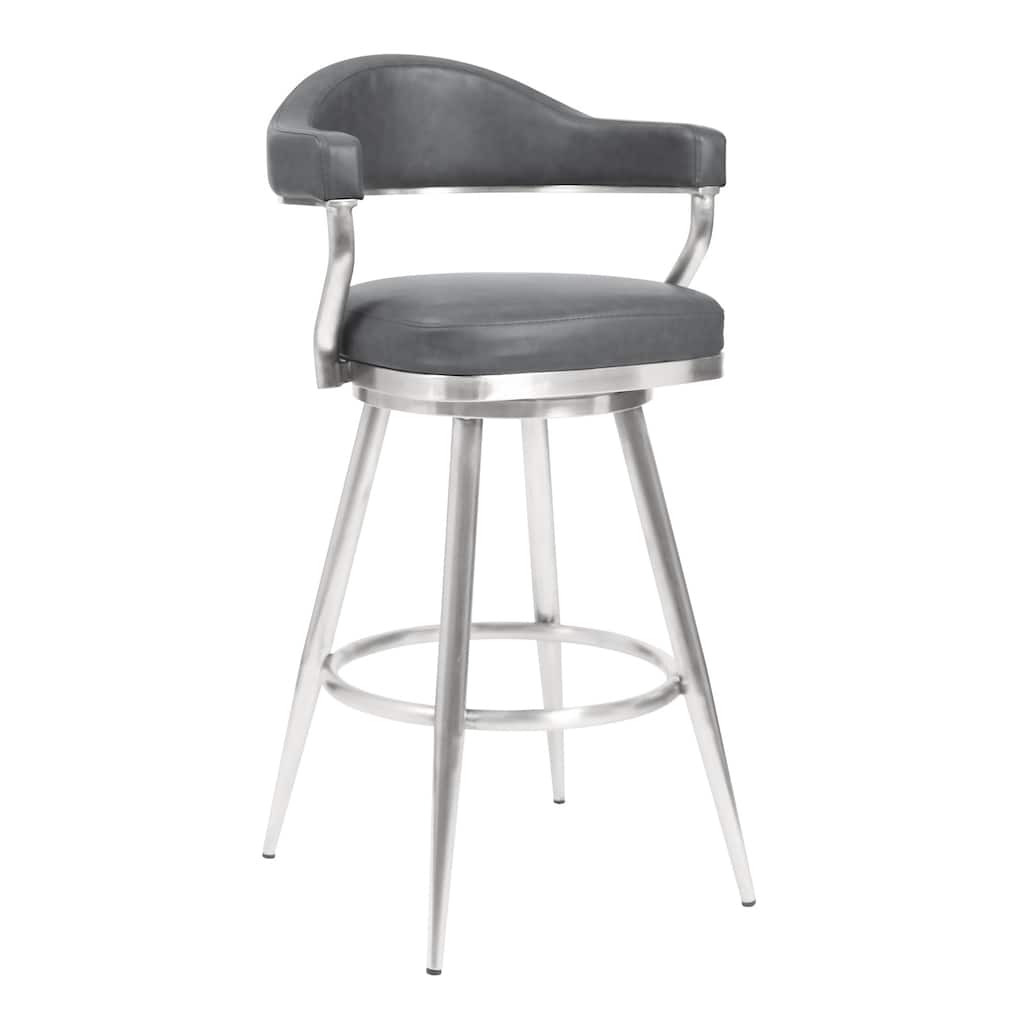 Knw 26 Inch Swivel Counter Stool Chair, Vintage Gray Faux Leather, Chrome